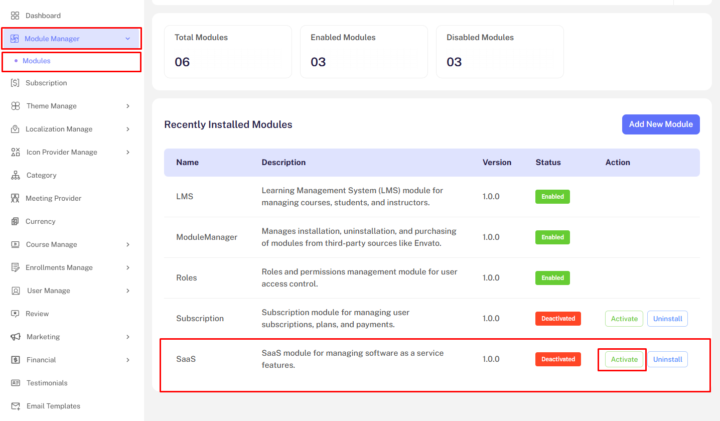 Enable SaaS Module